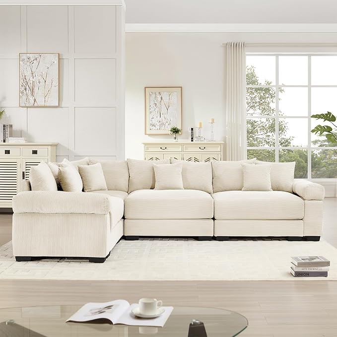 KEIKI 117" L-Shaped Oversized Corduroy Modular Cloud Sectional Sofa with High-Density Foam Cushion, Extra-Thick Armrest, Convertible 4-Seater Fluffy Corner Couch with 14 Pillow, for Living Room, Beige
