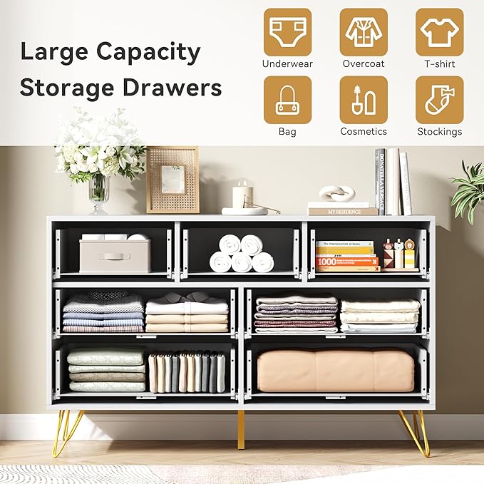 White Dresser and Nightstand Sets for Bedroom,3 Pcs Bedroom Set with Metal Legs, 7 Drawer Dresser & Night Stand Set of 2 with Gold Handles,Bedroom Furniture Sets,Modern Dresser Sets