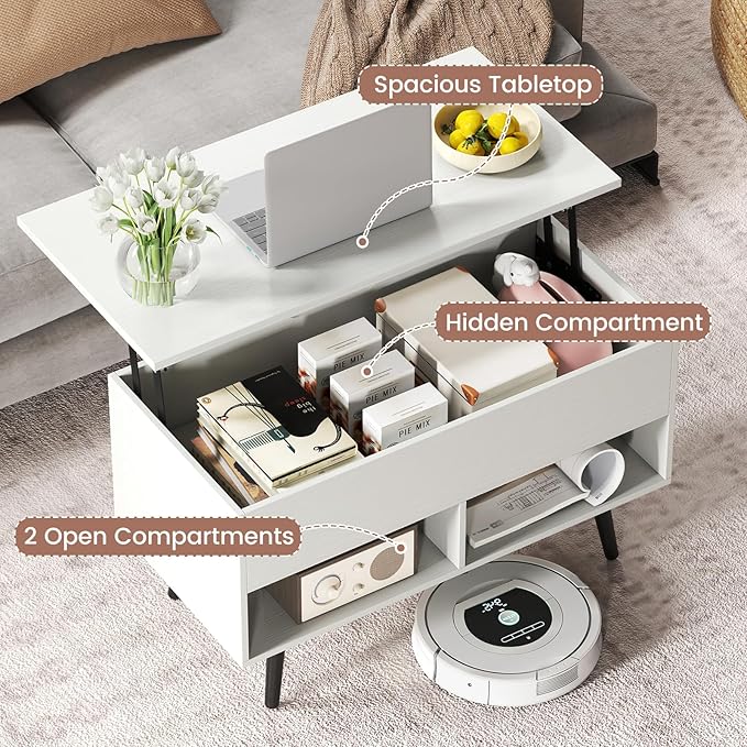 Tangkula Lift Top Coffee Table, Modern Cocktail Table with Hidden Compartment & 2 Open Shelves, Flip Top Center Table, Wooden Pull up Coffee Table for Living Room, Reception Room, Office (White)