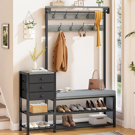 Itaar Coat Rack, Hall Tree with Bench and Shoe Storage, 7-in-1 Entryway Bench with Soft Cushion, Storage Bag, 3 Fabric Drawers(Grey) by Itaar