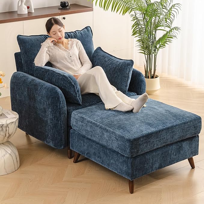 Rexulqo Oversized Accent Chair with Ottoman,All Seats Storage,Comfy Big Armchair,24.5'' Deep Seat,Upholstered Living Room Chairs,Reading Chair,Lounge Chair for Bedroom,Office,Chenille,Blue