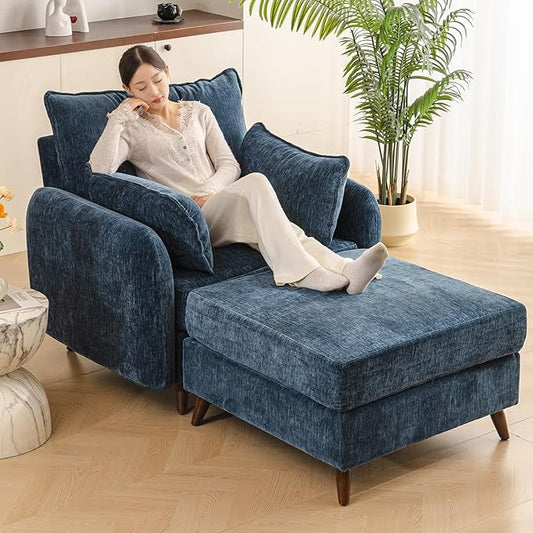 Rexulqo Oversized Accent Chair with Ottoman,All Seats Storage,Comfy Big Armchair,24.5'' Deep Seat,Upholstered Living Room Chairs,Reading Chair,Lounge Chair for Bedroom,Office,Chenille,Blue
