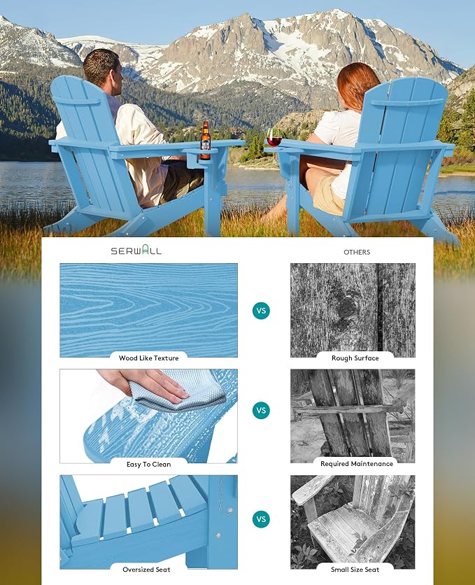 SERWALL Adirondack Chair with Cup Holders - Composite Adirondack Chairs HDPE Outdoor Chairs Set of 2 All Weather Use- Light Blue - Image 5