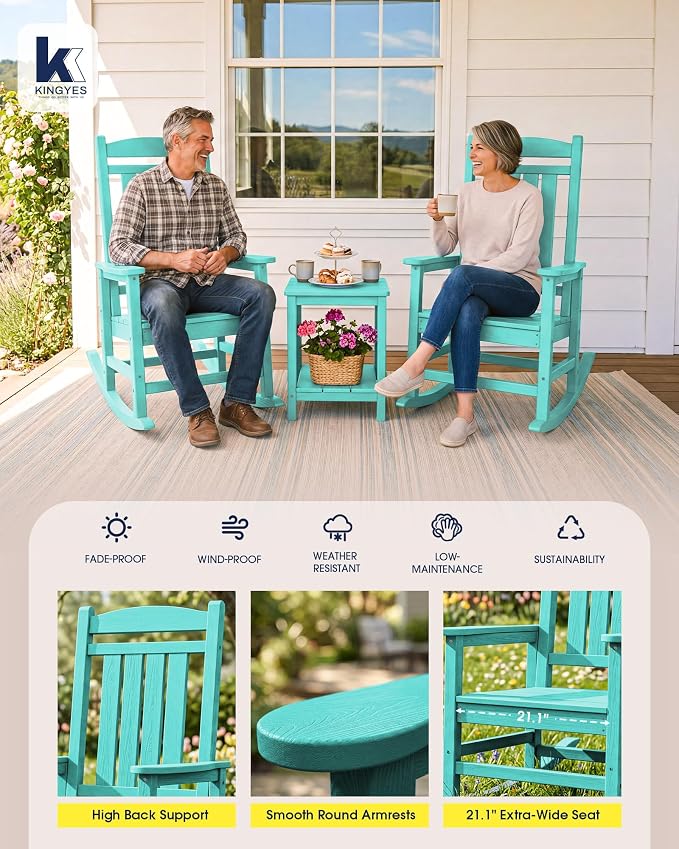 KINGYES Oversized Outdoor Rocking Chair Set of 2, High Density Polyethylene Patio Rocking Chairs with 350lbs Support for Adults, Aruba Blue - Image 6