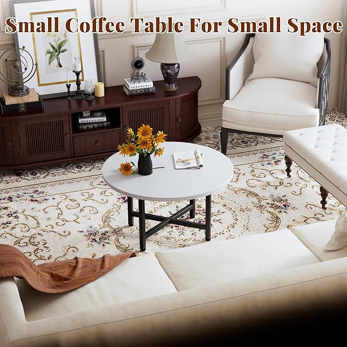 Coffee Table, 23.6" Small Coffee Tables, Gray Round Coffee Tables for Living Room, Floor Table for Sitting on The Floor, Center Coffee Table with Metal Frame for Office Apartment Home, White