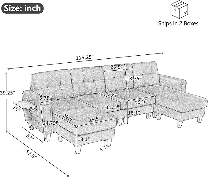 ERYE 115-Inch U-Shaped Modular Sectional Sofa Include 2 Ottomans and 4 Seat, Comfy Chenille Upholstered Tufted U Shaped Sectional Couch W/Coffee Table and USB-C Ports