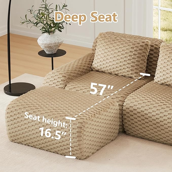 114" U-Shaped Compressed Sectional Cloud Sofa, Flannel Upholstered Modular Deep Seat Sofa with 5 Pieces, Symmetrical Boneless Foam Modular Cloud Couches for Living Room
