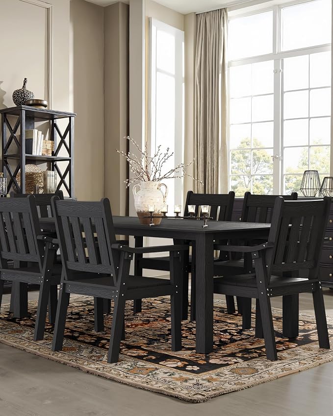 YEFU HIPS Patio Table Set: 7 Piece Outdoor Table and Chairs Patio Furniture Set with Umbrella Hole - Black Modern Plastic Dining Sets 6 Person for Outside Deck with Metal Aluminum Frame - Image 8
