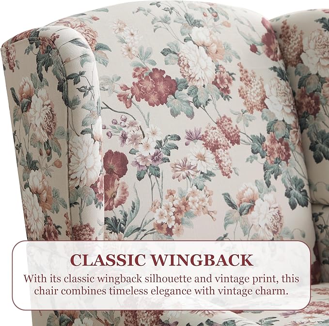 HUIMO Printed Wingback Accent Chair, Linen Upholstered High Back Armchair, Comfy Reading Chair for Living Room Bedroom Study, 300lbs Weight Capacity (2, Red Floral)