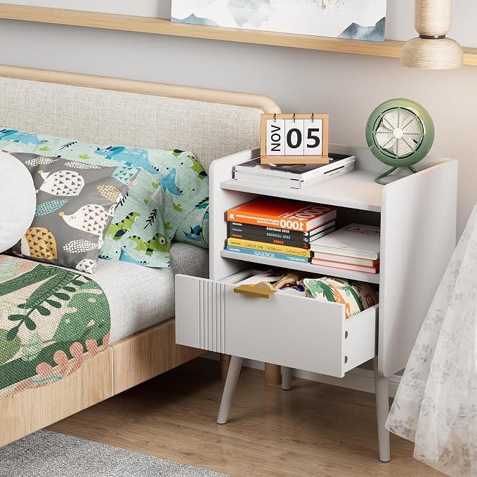 Aenuert Night Stand Modern End Table with Storage Drawer and Open Shelf, Small Bedside Table, Wooden Sofa Side Stand for Bedroom,Study Room and Small Spaces (White) - Image 5