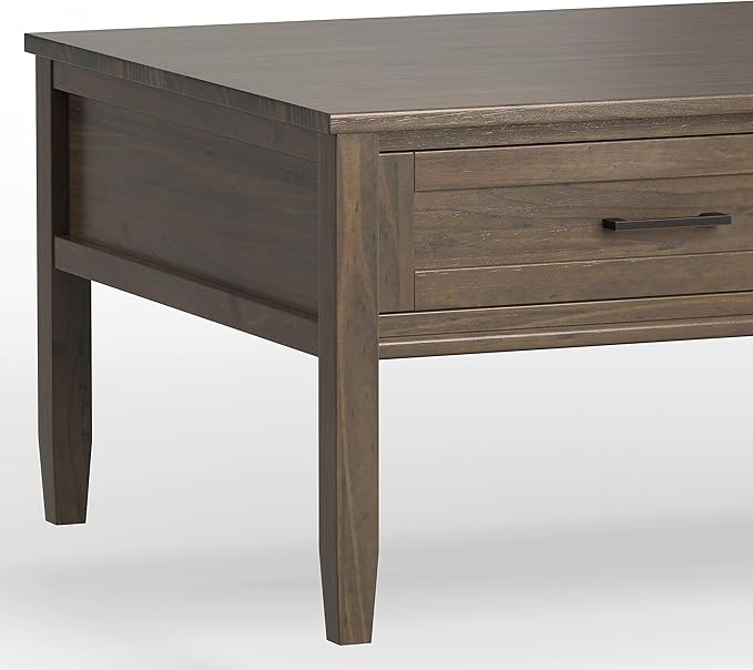 SIMPLIHOME Ela SOLID WOOD 48 Inch Wide Rectangle Transitional Lift Top Coffee Table in Smoky Brown, For the Living Room and Family Room