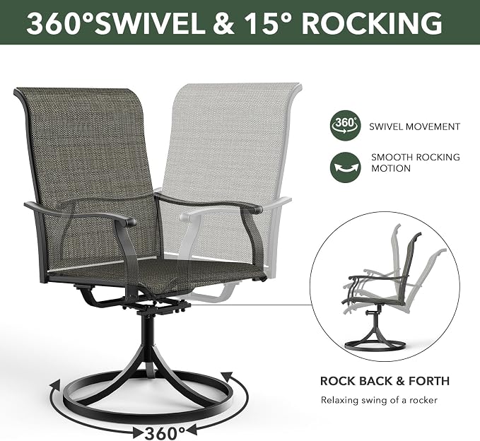 Anmutig 5 Piece Outdoor Glass Round Table and Chairs Set for 4 Person with 41 inch Patio Table, Tan Grey Textilene Retro Armrest Swivel Rocker Chairs - Style1 - Image 5