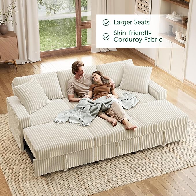 HONBAY 94.5 Inch Modular Sectional Sleeper Sofa with Pull Out Bed, Convertible L & U Shaped Couch with Storage & Adjustable Backrest, Velvet White
