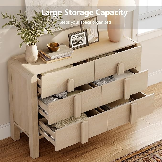 WAMPAT 3 Piece Dresser and Nightstand Sets for Bedroom, 47.2" W Modern 6 Drawer Dresser & 23.7” Tall Nightstand Set of 2 with Charging Station for Bedroom, Curved Profile Design, Beige