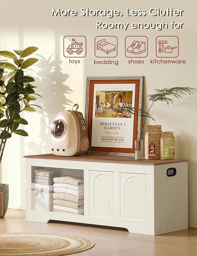 DINZI LVJ Storage Chest, 50” Extra Large Storage Bench with 2 Safety Hinges, Farmhouse Wooden Toy Box with Flip-Top, Large Trunk for Living Room, Playroom, Easy Assembly, Honey Brown and Rustic White - Image 8
