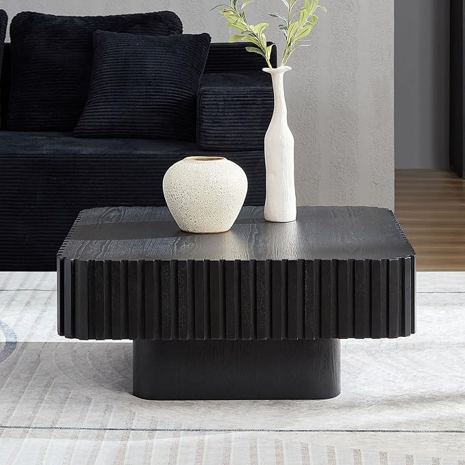 31.5" Square Coffee Table Set of 2, Wooden Center Tea Table 2 Piece Accent End Table for Living Room Apartment, with Sturdy Curved Base & Solid Wood Fluted Side, Black