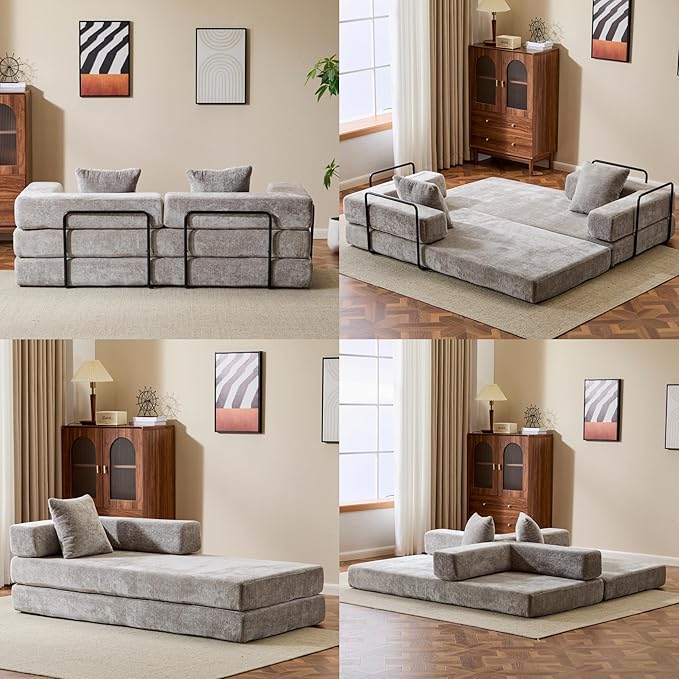 Convertible Floor Sofa Bed, Fold Out Floor Couch with Pillow Back & Armrest, Compressed Couch with Fixed-Shape Frame, Chenille Foldable Sleeper Sofa Bed for Living Room Bedroom, Light Grey