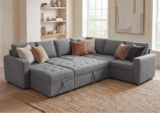 HONBAY Modular Sectional Couch with Pull Out Bed Sleeper Sofa with Storage U Shaped Modular Sectional Couches for Living Room,Mid Grey