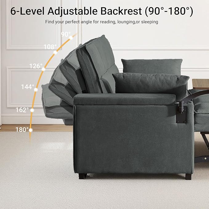 65'' 3-in-1 Sleeper Sofa Bed with Pull-Out Couch & Side Table, Convertible Loveseat with Adjustable Backrest, Velvet Chaise Lounge with USB & Type-C Ports, Dark Grey
