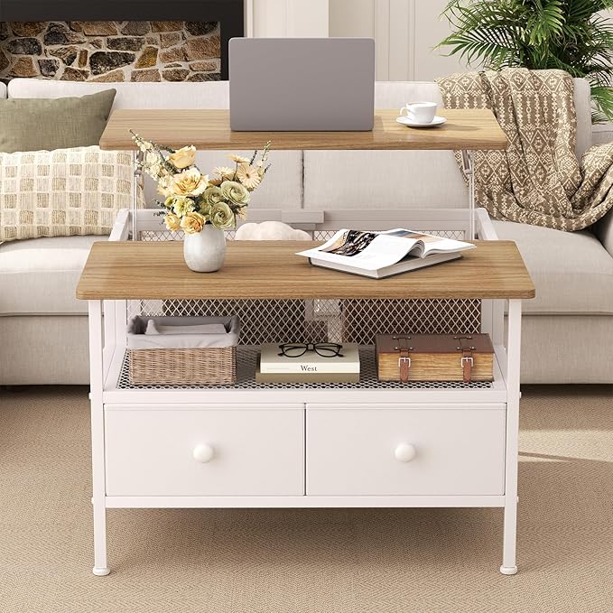 FABATO Lift Top Coffee Table, Square Coffee Table Metal Wood, Farmhouse Lift Up Coffee Tables Cocktail Table with Wire Mesh Barn Door and Storage, Steel Frame, Small Tea Tables for Living Room, White