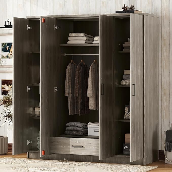 Merax 4 Doors Closet Wardrobe with Hanging Rail, Wood Closet Organizers and Storage with One Drawer and Two 4-Tier Storage Shelves, Top Cabinet for Bedroom, Laundry Room, Gray