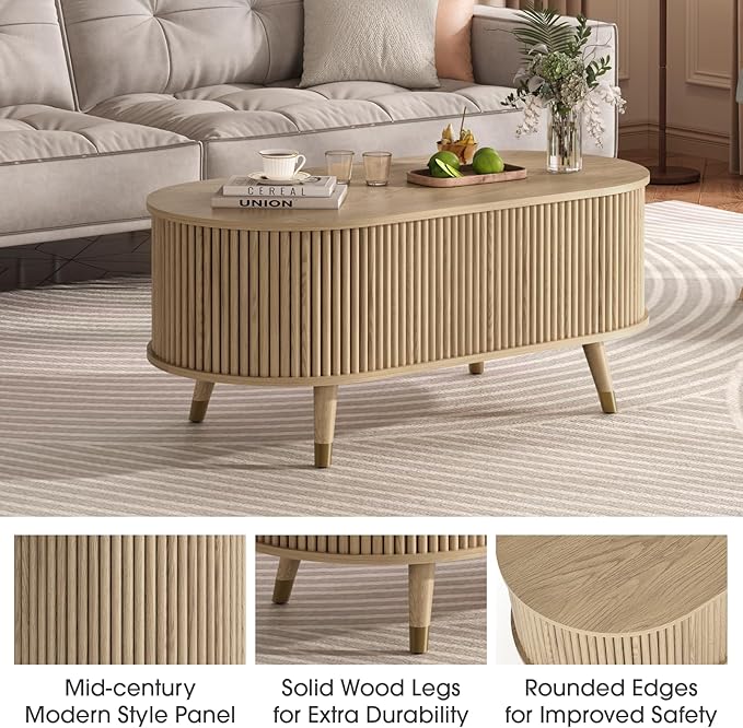 42.5" Oval Lift Top Coffee Table with Storage, Mid Century Modern Oak Center Table with Fluted Design, Solid Wood Legs & Hidden Compartment, Pop Up Cocktail Table for Living Room