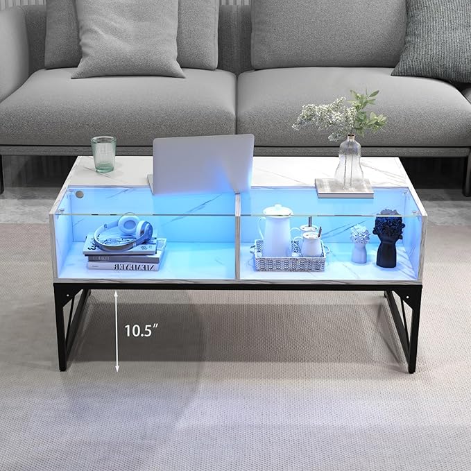 Tangkula LED Coffee Table, High Glossy Center Table with 4 Storage Cubes, Faux Marble & Tempered Glass Top, Adjustable Light Colors, Remote Control, Modern Cocktail Table for Living Room (White)