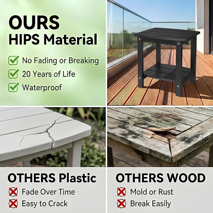 Y&M Outdoor Side Table, HIPS Adirondack Small Double Layer Table, Waterproof Square Outside Table, Balcony Modern End Tables for Patio, Pool, Beach, Porch, Deck, Indoor or Outdoor Use, Black - Image 6