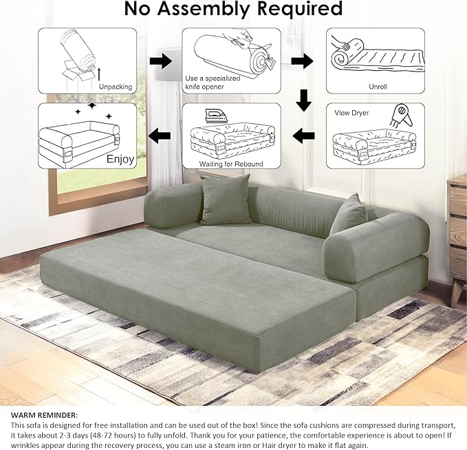 80" Convertible Sofa Bed, Corduroy Deep Seat Folding Pull Out Couch with Pillows, No Assembly Modern Boneless Couch Compression Sofa in Box, Floor Sofa with Storage Pocket for Living Room,Light Grey