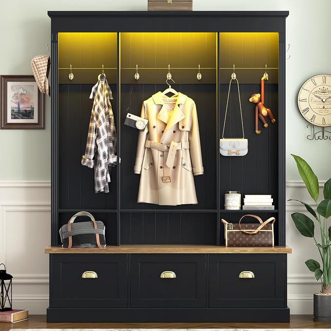LUMISOL Hall Tree with Storage Bench, Entryway Coat Rack with LED Light and 3 Large Cabinets, Entryway Bench with Shelves and 9 Hooks, for Entrance Mudroom Living Room, Black by LUMISOL