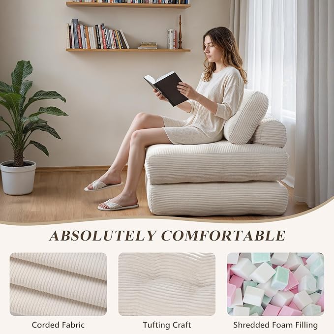 Folding Sofa Bed,Convertible Sleeper Chair for Adults, Folding Sofa Bed Foam Filling Couch with Pillow，Sleeper Chairs Single Size Floor Mattress,White