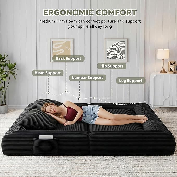 4-in-1 Convertible Folding Sofa Bed, 76 Inch Queen Size Foldable Sleeper Sofa Bed, Wide Corduroy Upholstery, Boneless Mattress Couch with Armrests & Neck Pillow for Living/Bedroom - Black