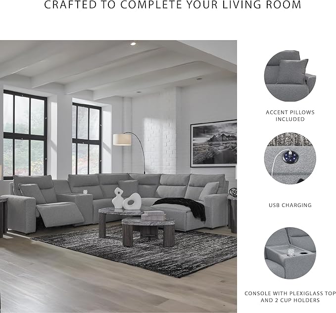 Signature Design by Ashley Modern ModMax II Stain Resistant U-Shape Left-Arm Facing 6-Piece Power Reclining Sectional with Chaise and Adjustable Headrest, Gray