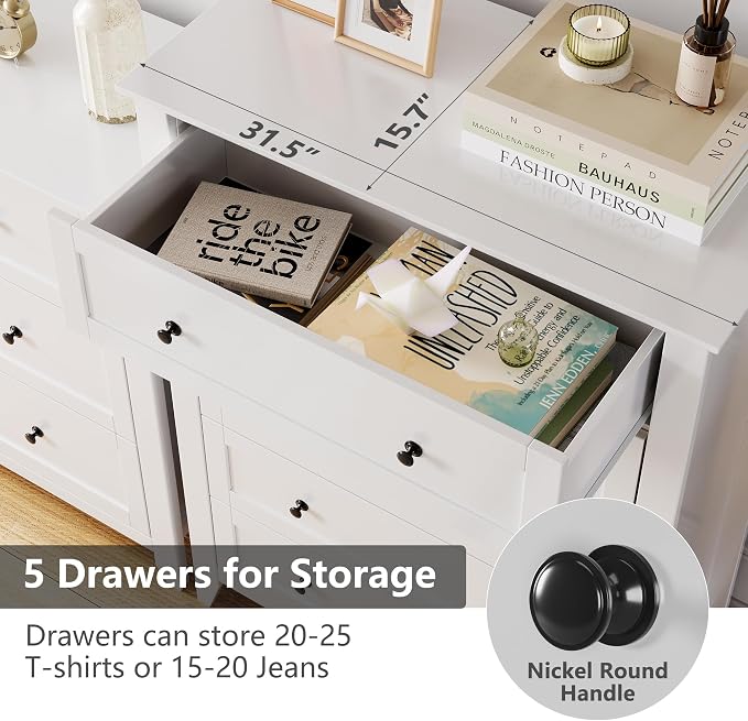GarveeHome White 5 Chest of Drawer Dresser, Modern Tall Nightstand with Deep Drawers and Nickel Round Handle, Wood Organizer Storage Cabinet for Bedroom, Living Room, Hallway - Image 4