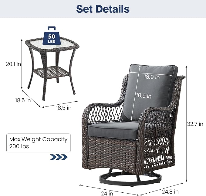 GarveeHome 3 Piece Outdoor Patio Set, Wicker Rocking Bistro Set with 2 Swivel Chairs & Tempered Glass Top Table, Rattan Outdoor Furniture with Cushions for Patio Porch Backyard