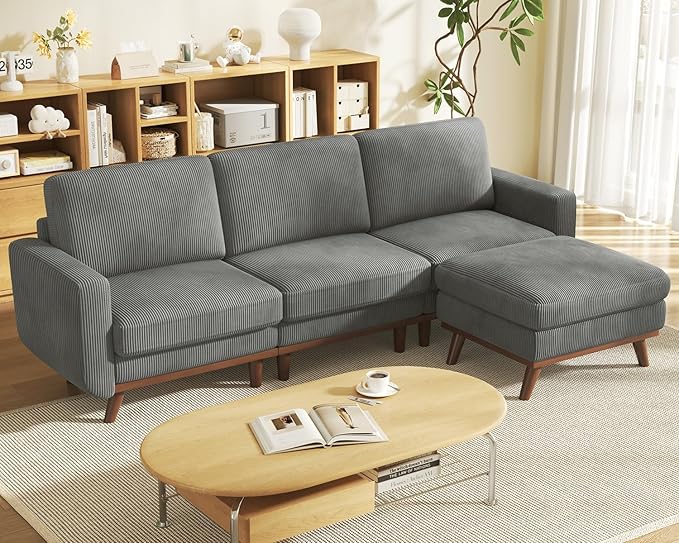97" Dark Gray Corduroy Modular Sectional Sofa, L-Shaped Couch with Movable Ottoman & Spring Cushion, Deep Seat Modular Sofa for Living Room Bedroom Apartment