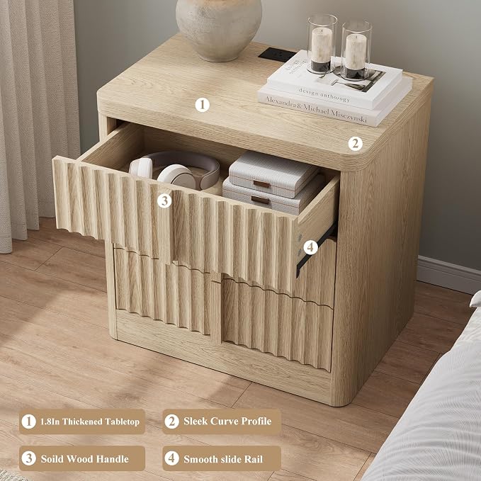 YANSNWO 23.6" Nightstand with Charging Station, Bedside Table with 3 Storage Drawers, Mid Century Modern Night Stand with Solid Wood Handle, End Table for Bedroom, Living Room, Natural Oak - Image 5