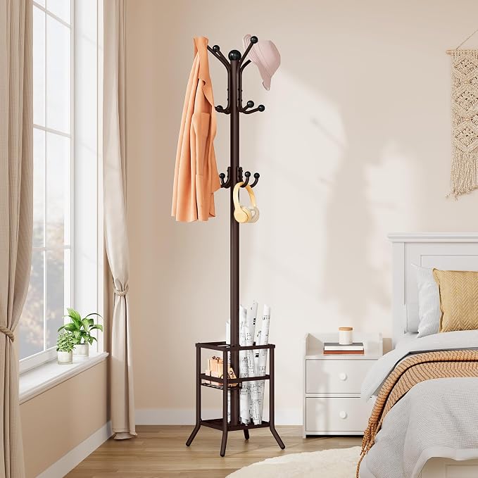 FAVOOSTY Coat Rack Freestanding,Coat Rack Stand with Umbrella Holder,Metal Coat Tree with 12 Hooks,Tree Clothes Hat for Entryway, Hallway, Bedroom, Living Room & Office -Brown - Image 6