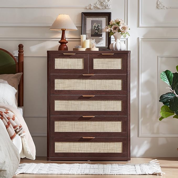 LEYAOYAO Rattan Dresser for Bedroom Set of 2, 41" Tall Chest of Drawers, Modern 6 Drawers Boho Dressers with Storage, Vintage Brown Dresser Wooden Closet Organizer for Living Room, Hallway - Image 3