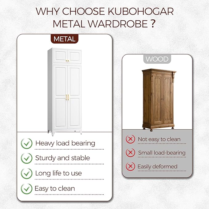 Metal Armoire Wardrobe Closet with Doors, 86" Tall Wardrobe Cabinet, White Clothing Storage Cabinets with Adjustable Shelves for Bedroom, Home Office