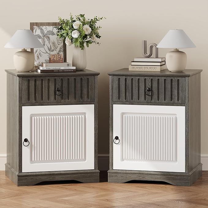4ever2buy 18" Nightstand Set of 2 with Drawer, Farmhouse Grey Night Stand Set of 2, Wooden Bedside Table End Table for Bedroom, White and Grey by 4ever2buy