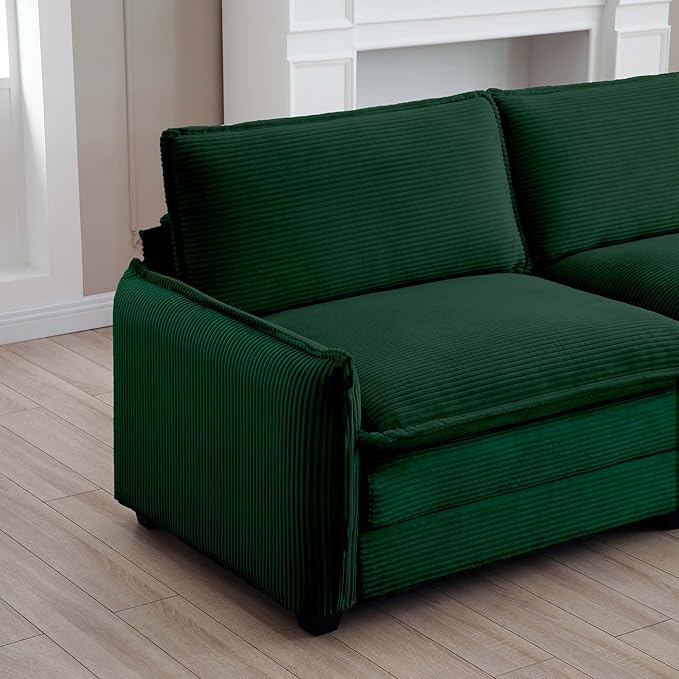 KEIKI 81" Oversized Corduroy Modular Sectional Loveseat Sofa with High-Density Foam Cushions, Removable Armrests, Upholstered Modern 2-Seater Fluffy Corner Couch with 4 Pillow, for Living Room, Green