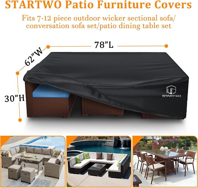 STARTWO Patio Furniture Covers Waterproof,Heavy Duty Outdoor Furniture Cover for Sectional Sofa Table Chairs, Anti-UV Tear-Resistant 78"Lx62"Wx30"H, Black - Image 2