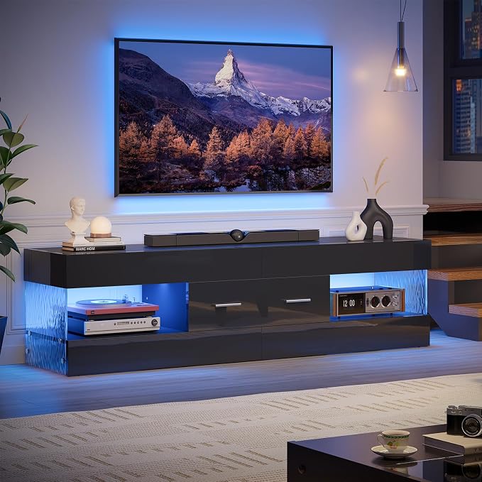 Bestier Black TV Stand for 55/60/65 Inch TV, High Gloss Modern TV Stand with Stone-Patterned Side Panels, LED Entertainment Center with Large Drawer, TV Consoles for Living Room, Bedroom by Bestier