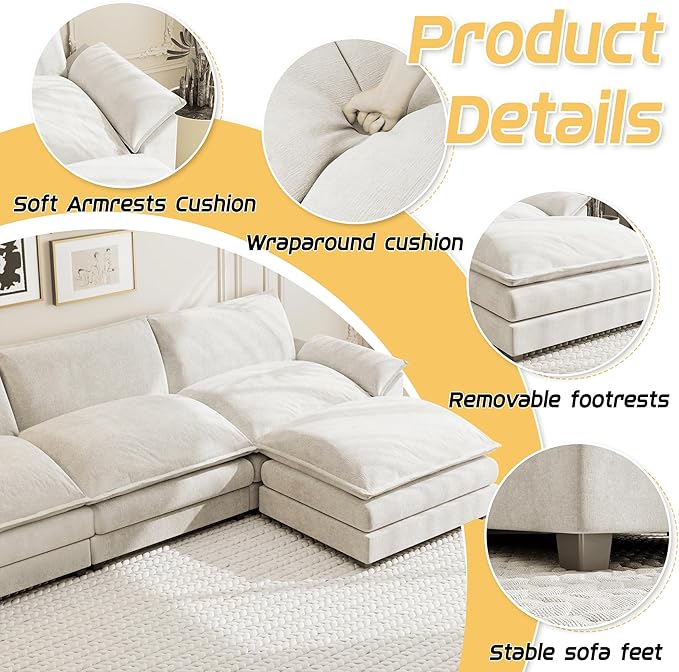 Shahoo Sectional Modular Sofa L Shaped Chenille Fabric Couch with High Supportive & Soft Sponges and Removable Ottoman, Sleeper Comfy Upholstered Furniture for Living Room, Bright Beige