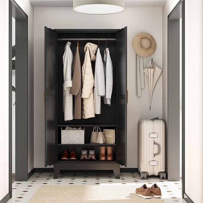 Metal Wardrobe Closet with Doors and Shelves, 71" Farmhouse Bedroom Armoire with Hanger Rod and Clothing Shelf, White Steel Wardrobe Cabinet Storage Clothes Closet