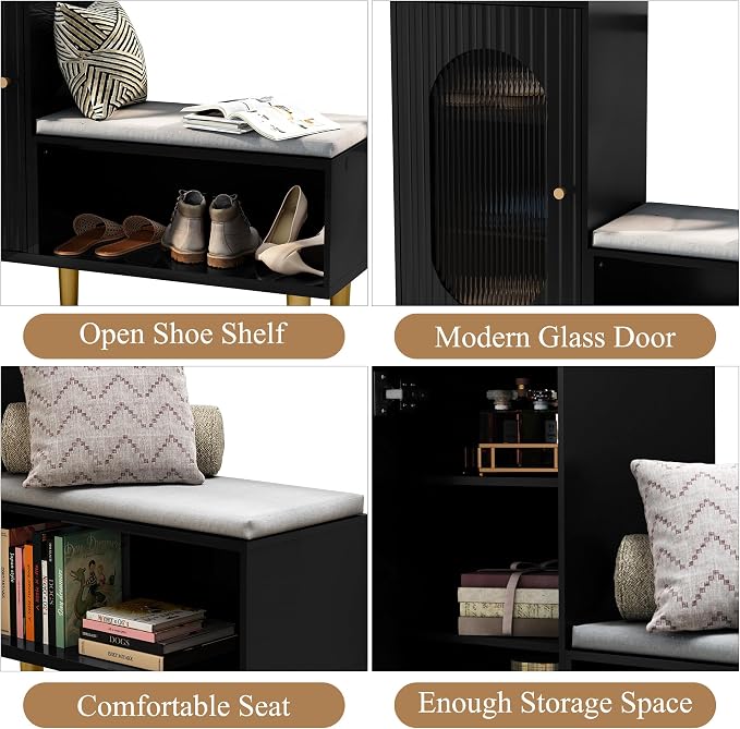 HLR Storage Bench with Glass Door&Shelf, Modern Entryway Shoe Cabinet Bench with Padded Seat, L-Shaped Storage Cabinet for Hallway, Bedroom, Living Room, Office, Black - Image 7