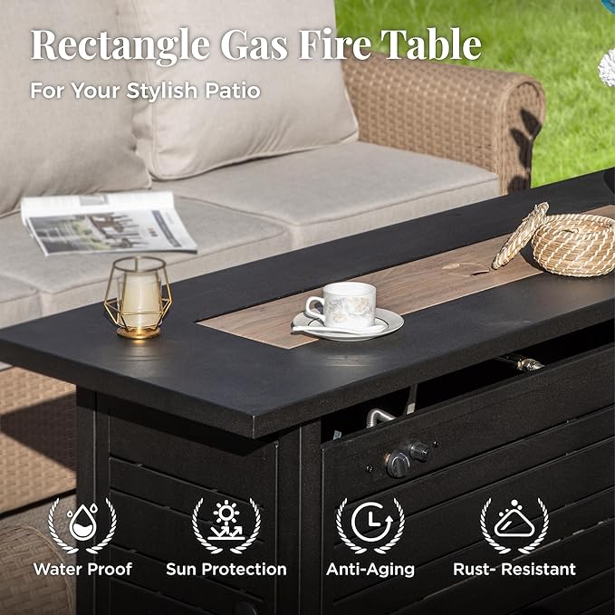 Patio Furniture Set 8 pcs, Wicker Outdoor Patio Furniture, 3-Seat Sofa, 4 Single Chairs, 2 Ottomans and 56" Gas Fire Pit Table, Rattan Patio Conversation Set for Backyard Deck, Beige