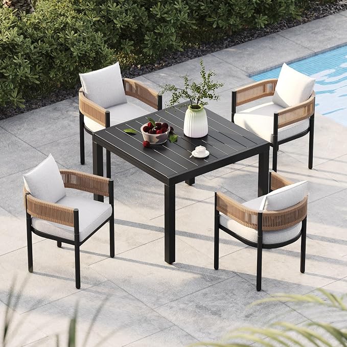 Grand patio 5-Piece Outdoor Dining Set for 4 with 1 Rectangle Expandable Table for 4-6 Person, Metal Woven Wicker Fixed Patio Chairs with Thickened Cushions for Yard, Poolside (Natural) by GrandPatio