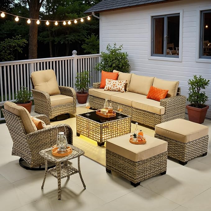 ovios 9 Piece Patio Sectional Furniture with Swivel Rocking Chairs, Rattan Wicker Coversation Set with Glowing Coffee Table, Outdoor Sofa Set for Outside Porch Balcony Backyard Pool, Beige